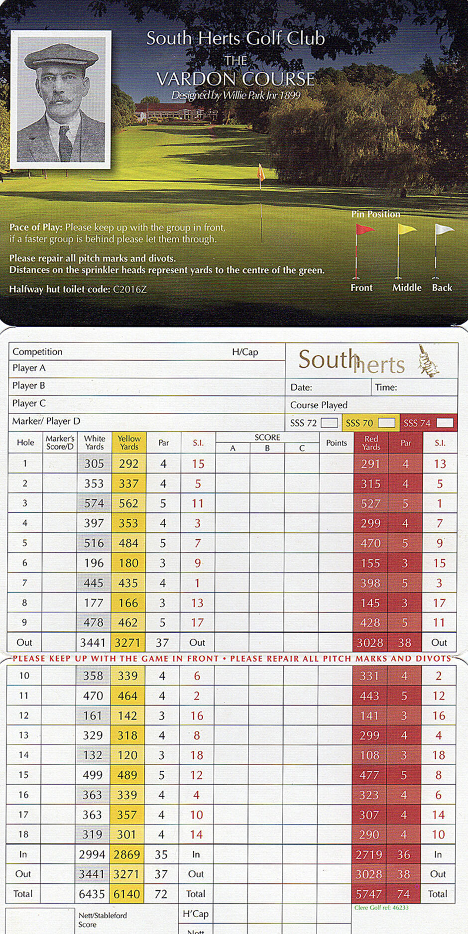 Vardon Course Scorecard South Herts Golf Club